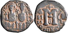 Central Asian SASANIAN KINGS. Khosrau II, 591-628. Follis (Bronze, 25 mm, 9.34 g, 5 h), imitating a Byzantine follis of Justin and Sophia from Nicomedia from RY 5 = 569/570. Uncertain mint, circa 610-
