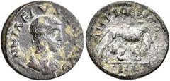 Roman Provincial PISIDIA. Antiochia. Annia Faustina, Augusta, 221. 'Quadrans' (Bronze, 17 mm, 2.11 g, 6 h). ANNIA FAVSTINA AVG Draped bust of Annia Faustina to right. Rev. ANTIOCH COL/ONI Lupa Romana 