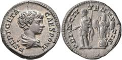 Roman Imperial Geta, as Caesar, 198-209. Denarius (Silver, 18 mm, 3.24 g, 1 h), Rome, 202-203. P SEPT GETA CAES PONT Bare-headed and draped bust of Geta to right, seen from behind. Rev. PRINC IVVENTVT
