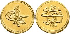 Early Medieval & Islamic ISLAMIC, Ottoman Empire. Ahmad III, AH 1115-1143 / AD 1703-1730. Zeri Istanbul (Gold, 18 mm, 3.48 g, 12 h), Qustantiniya, AH 1115 = AD 1703. Pere 499. Sultan 971. Well struck 