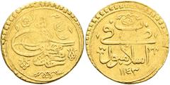 Early Medieval & Islamic ISLAMIC, Ottoman Empire. Mahmud I, AH 1143-1168 / AD 1730-1754. Altin (Gold, 19 mm, 3.44 g, 12 h), Islambul, AH 1143 = AD 1730. Pere 553 var. Sultan 1028. Areas of weakness an