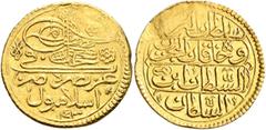 Early Medieval & Islamic ISLAMIC, Ottoman Empire. Mahmud I, AH 1143-1168 / AD 1730-1754. Zeri Mahbub (Gold, 19 mm, 2.60 g, 12 h), Islambul, AH 1143 = AD 1730. Pere 556. Sultan 1039. Traces of mounting