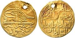 Early Medieval & Islamic ISLAMIC, Ottoman Empire. 'Uthman III, AH 1168-1171 / AD 1754-1757. 1/2 Zeri Mahbub (Gold, 16 mm, 1.24 g, 12 h), Islambul, AH 1143 = AD 1730. Pere 559 var (differing mint symbo