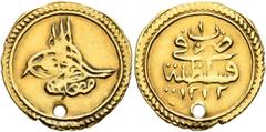 Early Medieval & Islamic ISLAMIC, Ottoman Empire. Mustafa IV, AH 1222-1223 / AD 1807-1808. Findik (Gold, 20 mm, 3.17 g, 12 h), Qustantiniya, AH 1222 = AD 1807 / RY 1 = AH 1222. Pere 726. Sultan 1583. 