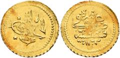 Early Medieval & Islamic ISLAMIC, Ottoman Empire. Mahmud II, AH 1223-1255 / AD 1808-1839. 1/4 Altin (Gold, 14 mm, 0.58 g, 12 h), Qustantiniya, AH 1223 = AD 1808 / RY 15 = AH 1238. Pere 753 (differing 