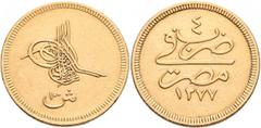 Early Medieval & Islamic ISLAMIC, Ottoman Empire. 'Abd al-'Aziz, AH 1277-1293 / AD 1861-1876. 100 Kurush (Gold, 21 mm, 8.49 g, 12 h), Misr, AH 1277 = AD 1861 / RY 4 = AH 1280. Pere -. Sultan 269. Rare