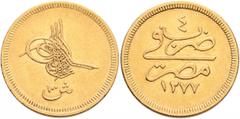 Early Medieval & Islamic ISLAMIC, Ottoman Empire. 'Abd al-'Aziz, AH 1277-1293 / AD 1861-1876. 100 Kurush (Gold, 21 mm, 8.53 g, 12 h), Misr, AH 1277 = AD 1861 / RY 4 = AH 1280. Pere -. Sultan 269. Rare