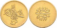 Early Medieval & Islamic ISLAMIC, Ottoman Empire. 'Abd al-'Aziz, AH 1277-1293 / AD 1861-1876. 100 Kurush (Gold, 21 mm, 8.49 g, 12 h), Misr, AH 1277 = AD 1861 / RY 5 = AH 1281. Pere 921. Sultan 270. Mi