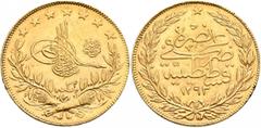 Early Medieval & Islamic ISLAMIC, Ottoman Empire. 'Abd al-Hamid II, AH 1293-1327 / AD 1876-1909. 100 Kurush (Gold, 22 mm, 7.25 g, 12 h), Qustantiniya, AH 1293 = AD 1876 / RY 32 = AH 1324. Pere 970. Su