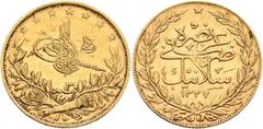 Early Medieval & Islamic ISLAMIC, Ottoman Empire. Mehmed V Rashad, AH 1327-1336 / AD 1909-1918. 100 Kurush (Gold, 22 mm, 7.23 g, 12 h), Selanik (Saloniki), AH 1327 = AD 1909 / RY 3 = AH 1329. Pere 101