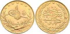 Early Medieval & Islamic ISLAMIC, Ottoman Empire. Mehmed V Rashad, AH 1327-1336 / AD 1909-1918. 100 Kurush (Gold, 22 mm, 7.21 g, 12 h), Qustantiniya, AH 1327 = AD 1909 / RY 9 = AH 1335. Pere 1024. Sul