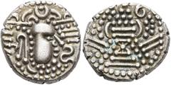World INDIA, Medieval. Chalukyas of Gujarat. Anonymous, 1030-1120. Gadhaiya (Silver, 17 mm, 4.26 g, 4 h). Stylized Sasanian head to right, wearing crown surmounted by crescent. Rev. Stylized Sasanian 