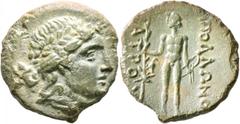 Greek THRACE. Apollonia Pontika. 2nd century BC. AE (Bronze, 22 mm, 5.13 g, 12 h). Laureate head of Apollo to right. Rev. AΠΟΛΛΩNO[Σ] / IATPOY Apollo standing front, head to left, holding laurel tree 