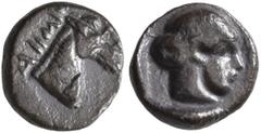 Greek AEOLIS. Demetreion (?). Circa 450-400 BC. Hemiobol (Silver, 7 mm, 0.34 g). ΔHMH-[TPIO] Head of a horse to right. Rev. Head of a nymph to right within square incuse. Cf. AMNG III, 2, p. 146, 14 a