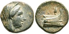 Greek ISLANDS OFF CARIA, Rhodos. Rhodes. Circa 226-220. AE (Bronze, 14 mm, 3.00 g, 11 h). Diademed and veiled female bust (of Berenike II?) to right. Rev. PO Prow of galley to right; above, rose. R. A