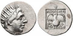 Greek ISLANDS OFF CARIA, Rhodos. Rhodes. Circa 88-84 BC. Drachm (Silver, 15 mm, 2.36 g, 11 h), 'Plinthophoric' coinage. Nikephoros, magistrate. Radiate head of Helios to right. Rev. ΝΙΚΗΦΟΡΟΣ / P - O 