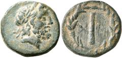Greek LYCIA. Choma. 2nd-1st century BC. AE (Bronze, 14 mm, 2.28 g, 12 h). Laureate head of Zeus to right. Rev. Χ-Ω Club; all within laurel wreath. BMC -. Müseler -. SNG Copenhagen -. SNG von Aulock 42