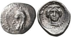 Greek DYNASTS OF LYCIA. Uncertain dynast, late 5th-early 4th centuries BC. Obol (Silver, 10 mm, 0.56 g, 4 h). Head of an uncertain dynast to left, wearing bashlyk. Rev. Facing head of a goddess, weari