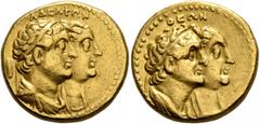 Greek PTOLEMAIC KINGS OF EGYPT. Ptolemy II Philadelphos, with Arsinöe II, Ptolemy I, and Berenike I, 285-246 BC. Half Mnaieion or Tetradrachm (Gold, 20 mm, 13.91 g, 12 h), Alexandria, circa 272-261/0.