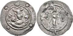 Central Asian HUNNIC TRIBES, Hephthalites. Drachm (Silver, 29 mm, 4.00 g, 3 h), uncertain mint. Draped Sasanian-stye bust to right, wearing horned crown with korymbos set on crescent; in outer margin,