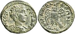 Roman Provincial LYDIA. Philadelphia. Geta, as Caesar, 198-209. Hemiassarion (Bronze, 19 mm, 2.85 g, 6 h). Λ•CЄΠ•ΓЄTAC•K Bare-headed, draped and cuirassed bust of Geta to right, seen from behind. Rev.