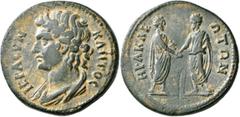 Roman Provincial CARIA. Heraclaea Salbace. Pseudo-autonomous issue. Tetrassarion (Bronze, 30 mm, 15.52 g, 7 h), time of Marcus Aurelius and Lucius Verus, 161-169. IEPA CYNΚΛHTOC Draped bust of the Rom