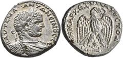 Roman Provincial SYRIA, Seleucis and Pieria. Antioch. Caracalla, 198-217. Tetradrachm (Billon, 26 mm, 14.28 g, 7 h), 215-217. ΑΥΤ Κ Μ Α••ΑΝΤΩΝЄΙΝΟC•CЄΒ Laureate, draped and cuirassed bust of Caracalla