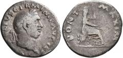 Roman Imperial Vitellius, 69. Denarius (Silver, 19 mm, 2.82 g, 6 h), Rome, circa late April–20 December 69. A VITELLIVS GERM IMP AVG TR P Laureate head of Vitellius to right. Rev. PONT MAXIM Vesta sea