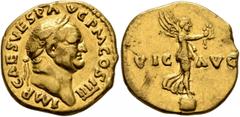 Roman Imperial Vespasian, 69-79. Aureus (Gold, 19 mm, 7.24 g, 6 h), Rome, 72-73. IMP CAES VESP AVG P M COS IIII Laureate head of Vespasian to right. Rev. VIC - AVG Victory standing right on globe, hol