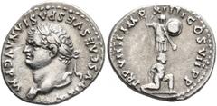 Roman Imperial Titus, 79-81. Denarius (Silver, 18 mm, 3.27 g, 7 h), Rome, after 1st of July 79. IMP TITVS CAES VESPASIAN AVG P M Laureate head of Titus to left. Rev. TR P VIIII IMP XIIII COS VII P P T