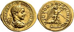 Roman Imperial Elagabalus, 218-222. Aureus (Gold, 22 mm, 6.22 g, 7 h), Rome, 218-219. IMP CAES M AVR ANTONINVS AVG Laureate, draped and cuirassed bust of Elagabalus to right. Rev. VICTOR ANTONINI AVG 