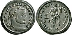 Roman Imperial Galerius, as Caesar, 293-305. Follis (Bronze, 27 mm, 10.35 g, 7 h), Ticinum, circa 300-303. MAXIMIANVS NOB CAES Laureate head of Galerius to right. Rev. SACRA MONET AVGG ET CAESS NOSTR 