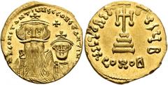 Byzantine Constans II, with Constantine IV, 641-668. Solidus (Gold, 19 mm, 4.37 g, 6 h), Constantinopolis, 654-659. δ N CONSTANTINЧS C CONSTANTI Crowned and draped bust of Constans facing, with long b