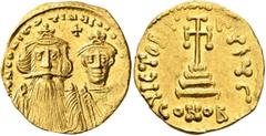 Byzantine Constans II, with Constantine IV, 641-668. Solidus (Gold, 20 mm, 4.37 g, 7 h), Constantinopolis, circa 654-659. δ N CONSTANTINЧS C CONSTA Crowned and draped bust of Constans II facing, with 