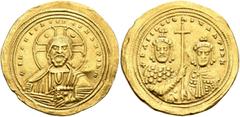 Byzantine Basil II Bulgaroktonos, with Constantine VIII, 976-1025. Histamenon (Gold, 26 mm, 4.41 g, 7 h), Constantinopolis, circa 1005-1025. +IҺS XIS RЄX RЄςNANTIҺm Nimbate bust of Christ facing, wear
