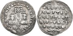 Byzantine Basil II Bulgaroktonos, with Constantine VIII, 976-1025. Miliaresion (Silver, 24 mm, 2.61 g, 12 h), Constantinopolis, 989-1025. ЄҺ TOVTω ҺICAT' - baSILЄI C CωҺST' Cross crosslet, with X at c