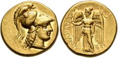 The Birger Bentsen Collection KINGS OF MACEDON. Alexander III ‘the Great’, 336-323 BC. Stater (Gold, 17 mm, 8.56 g, 3 h), Tarsos, struck under Balakros or Menes, 332/1-327. Head of Athena to right, we