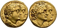 The Birger Bentsen Collection PTOLEMAIC KINGS OF EGYPT. Ptolemy II Philadelphos, with Arsinöe II, Ptolemy I, and Berenike I, 285-246 BC. Half Mnaieion or Tetradrachm (Gold, 19 mm, 13.90 g, 12 h), Alex