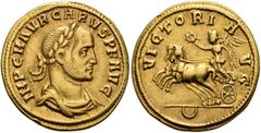 The Birger Bentsen Collection Carus, 282-283. Aureus (Gold, 20 mm, 4.53 g, 6 h), Cyzicus, early 283. IMP C M AVR CARVS P F AVG Laureate, draped and cuirassed bust of Carus to right. Rev. VICTORI AVG V
