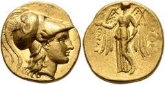 Greek KINGS OF MACEDON. Alexander III ‘the Great’, 336-323 BC. Stater (Gold, 18 mm, 8.54 g, 12 h), Babylon (?). Head of Athena to right, wearing crested Corinthian helmet decorated with coiled serpent