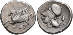 Greek CORINTHIA. Corinth. Circa 375-300 BC. Stater (Silver, 22 mm, 8.49 g, 10 h). Ϙ Pegasus flying left. Rev. Head of Athena to left, wearing Corinthian helmet; behind neckguard, ΔΙ and pine cone. BCD