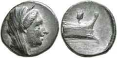 Greek ISLANDS OFF CARIA, Rhodos. Rhodes. Circa 226-220. AE (Bronze, 15 mm, 2.19 g, 11 h). Diademed and veiled female bust (of Berenike II?) to right. Rev. PO Prow of galley to right; above, rose. R. A
