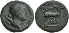 Greek LYCIA. Bubon. 2nd-1st century BC. AE (Bronze, 16 mm, 2.94 g, 12 h). Diademed and draped bust of Artemis to right, with bow and quiver over her shoulder. Rev. BOY Stag standing right, head left; 