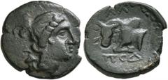Greek LYCIA. Podalia. 2nd-1st centuries BC. AE (Bronze, 19 mm, 4.70 g, 6 h). Head of Artemis to right, with bow and quiver behind on her left shoulder. Rev. ΠΟΔ-ΑΛ Forepart of a humped bull left, head