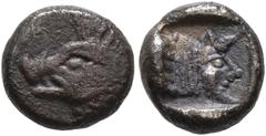 Greek DYNASTS OF LYCIA. Uncertain dynast, circa 500-480 BC. Diobol (Silver, 9 mm, 1.00 g, 4 h), uncertain mint. Head of a boar to left. Rev. Forepart of a man-headed bull to right within incuse square