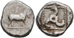 Greek DYNASTS OF LYCIA. Uncertain dynast, circa 480/70-430 BC. Diobol (Silver, 11 mm, 1.39 g), Limyra (?). Goat advancing to right. Rev. Triskeles; all within incuse square. Falghera -. Müseler -. SNG