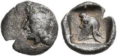 Greek DYNASTS OF LYCIA. Ddenewele, circa 420/10-400 BC. Hemiobol (Silver, 7 mm, 0.23 g, 3 h), Xanthos. Head of Athena to left, wearing crested Attic helmet. Rev. Head of Ddenewele to left, wearing Per