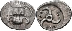 Greek DYNASTS OF LYCIA. Trbbenimi, circa 390-370 BC. Stater (Silver, 25 mm, 9.47 g). Facing lion's scalp. Rev. 𐊗𐊕𐊂-𐊂𐊚𐊏-𐊆𐊎𐊆 Triskeles; all within round incuse. Müseler VIII, -. SNG von Aulock 