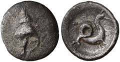 Greek DYNASTS OF LYCIA. Mithrapata (?), circa 390-370 BC. Hemiobol (Silver, 10 mm, 0.37 g, 2 h). Murex shell. Rev. Sea monster (ketos) right. BMC -. Müseler VII, 95. SNG Copenhagen -. SNG von Aulock -