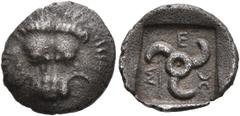 Greek DYNASTS OF LYCIA. Mithrapata, circa 390-370 BC. Diobol (Silver, 14 mm, 1.34 g, 5 h), uncertain mint. Facing lion's scalp. Rev. 𐊎-𐊆-𐊉 ('Mith' in Lycian) Triskeles; to left, arrow; all within i